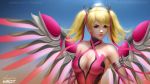  alternate_costume alternate_hairstyle artist_name bare_shoulders blonde_hair blue_background blue_eyes breasts brown_background cleavage collarbone criss-cross_halter dress gloves gradient gradient_background hair_ribbon halterneck highres large_breasts light_smile lips looking_at_viewer mechanical_halo mechanical_wings mercy_(overwatch) nose overwatch pink_dress pink_lips pink_mercy pink_ribbon pink_wings ribbon shurakrgt signature sleeveless sleeveless_dress solo twintails upper_body wallpaper watermark web_address wings 
