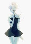  androgynous blue_hair closed_eyes commentary_request elbow_gloves euclase_(houseki_no_kuni) eyebrows_visible_through_hair gem_uniform_(houseki_no_kuni) gloves happy highres houseki_no_kuni kaku_(yabe920311) multicolored_hair necktie open_mouth short_hair smile solo thick_eyebrows white_background white_hair 