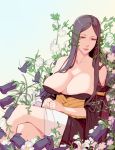  bangs bare_shoulders black_dress black_hair breasts cleavage closed_mouth collarbone commentary crossed_legs detached_sleeves dress flower hair_vines hands_together highres long_hair looking_at_viewer mahou_tsukai_no_yome materclaws parted_bangs plant sagging_breasts simple_background sitting solo strapless strapless_dress titania_(mahou_tsukai_no_yome) vines 