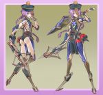  absurdres android backless_outfit bonesfish bow_(weapon) braid chest_jewel crossbow digitigrade grin hair_over_one_eye hat highres jiangshi lantern looking_back ofuda original over_shoulder purple_hair red_eyes robot_joints scar sharp_teeth smile stitches sword sword_over_shoulder teeth weapon weapon_over_shoulder 