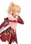  blonde_hair braid breasts clarent cleavage commentary_request detached_collar fate/apocrypha fate_(series) french_braid hair_ornament hair_scrunchie highres midriff mordred_(fate) mordred_(fate)_(all) msh_(meeeeeeeeeelt) over_shoulder ponytail red_scrunchie scrunchie short_hair small_breasts solo sword sword_over_shoulder underboob weapon weapon_over_shoulder 
