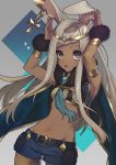  :o animal_ears ankh armlet beltbra blonde_hair blue_cape breasts brown_eyes bunny_ears cape commentary_request cowboy_shot dark_skin earrings floating_hair fur_trim hands_up highres jewelry long_hair navel open_mouth original shorts small_breasts solo tassel westxost_(68monkey) 