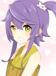  :d absurdres bangs bare_shoulders blush character_request eyebrows_visible_through_hair flower green_eyes hair_between_eyes hair_flower hair_ornament highres japanese_clothes looking_at_viewer nezuko one_side_up open_mouth pink_background purple_hair sengoku_bushouki_muramasa short_hair smile solo 