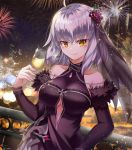  adapted_costume alcohol blush breasts chain champagne champagne_flute commentary_request cup detached_sleeves dress drinking_glass fate/grand_order fate_(series) fireworks flower fur-trimmed_sleeves fur_trim hair_flower hair_ornament jeanne_d'arc_(alter)_(fate) jeanne_d'arc_(fate)_(all) large_breasts leaning_on_rail long_dress nokmal purple_dress short_hair side_slit silver_hair smile solo underboob underboob_cutout veil yellow_eyes 