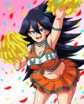  :d alternate_costume arm_up armpits blue_hair blush bocodamondo boku_no_hero_academia breasts cheering cheerleader choker cleavage collarbone cowboy_shot highres large_breasts leaning_forward long_hair messy_hair midnight_(boku_no_hero_academia) midriff mole mole_under_eye navel open_mouth pleated_skirt pom_poms skirt sleeveless smile upper_teeth very_long_hair 