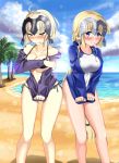  2girls ahoge angry beach bikini black_bikini blonde_hair blue_eyes blush braid breasts cleavage commentary_request covering covering_breasts day embarrassed fate/grand_order fate_(series) feet_out_of_frame headpiece highres hood hood_down hoodie jeanne_d'arc_(alter)_(fate) jeanne_d'arc_(fate) jeanne_d'arc_(fate)_(all) large_breasts light_particles long_braid long_hair looking_at_viewer multiple_girls ocean one-piece_swimsuit open_clothes open_hoodie palm_tree pixiv_fate/grand_order_contest_2 shirt_tug side-tie_bikini silver_hair single_braid standing swimsuit swimsuit_under_clothes tree underboob very_long_hair wavy_mouth yellow_eyes 