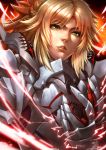  absurdres armor blonde_hair commentary electricity fate/apocrypha fate_(series) gauntlets green_eyes highres medium_hair mordred_(fate) mordred_(fate)_(all) ponytail sekaizero solo spiked_hair 