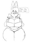  2018 anthro belly big_breasts big_thighs bra breasts cleavage clothed clothing digital_media_(artwork) english_text female front_view fur hair hi_res lagomorph mammal monochrome motion_lines navel overweight overweight_female panties penelope_(tacdoodles) rabbit simple_background slightly_chubby solo speech_bubble sweat tacdoodles text thick_thighs underwear voluptuous white_background wide_hips 