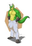  anthro bulge canine clothed clothing eyewear fox glasses hands_in_pockets hybrid hyper hyper_bulge jin_(jindragowolf) jindragowolf looking_at_viewer male mammal muscular muscular_male scalie smile solo standing trackpants 