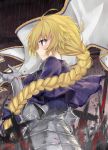  armor armored_dress banner blonde_hair blush braid capelet commentary_request fate/apocrypha fate_(series) gauntlets hair_ribbon highres jeanne_d'arc_(fate) jeanne_d'arc_(fate)_(all) kaa-san long_braid long_hair purple_eyes ribbon signature single_braid solo 