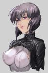  black_jacket bodysuit cropped_jacket cyberpunk cyborg ghost_in_the_shell hankuri jacket kusanagi_motoko lips looking_to_the_side open_clothes pink_lips purple_bodysuit purple_eyes purple_hair short_hair 