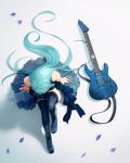  1girl aqua_hair arms_at_sides bang_dream! bare_arms bare_shoulders black_dress black_flower black_footwear black_rose blue_eyes boots commentary_request cross-laced_footwear dress electric_guitar esp_guitars flower from_above full_body guitar highres hikawa_sayo instrument knee_up korean_commentary lace-up_boots long_hair npt_(akzkfhsk0503) petals revision rose sitting sleeveless sleeveless_dress solo striped thigh_boots thighhighs vertical_stripes very_long_hair 