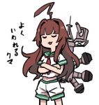  :3 :d ahoge brown_hair cannon closed_eyes commentary_request cowboy_shot crossed_arms huge_ahoge kantai_collection kuma_(kantai_collection) long_hair lowres navel necktie open_mouth rigging sailor_collar simple_background smile solo stomach terrajin translation_request turret white_background 