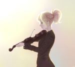  blonde_hair braid commentary_request fate/apocrypha fate_(series) formal french_braid hair_ornament hair_scrunchie instrument mordred_(fate) mordred_(fate)_(all) music playing_instrument ponytail recho red_scrunchie scrunchie short_hair solo suit violin 