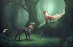  2018 black_fur canine curved_horn detailed_background digital_media_(artwork) dog duo feral forest fur grass hybrid mammal orange_fur paws soulsplosion tree wolf 