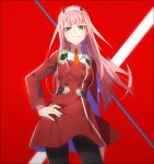  bangs black_legwear breasts closed_mouth darling_in_the_franxx dress fingernails green_eyes hakusai_(tiahszld) hand_on_hip horns long_hair looking_at_viewer nail_polish pantyhose pink_hair pink_nails red_dress small_breasts smile solo very_long_hair zero_two_(darling_in_the_franxx) 