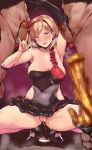  2boys :d \m/ areolae arm_up armpits bare_shoulders black_gloves blonde_hair blush breasts bunny_vibrator censored commentary_request covered_nipples dancer_(granblue_fantasy) dildo djeeta_(granblue_fantasy) elbow_gloves erection gloves granblue_fantasy hairband head_tilt heart heart-shaped_pupils highres kurowa large_breasts looking_at_viewer male_pubic_hair mosaic_censoring multiple_boys multiple_penises navel open_mouth penis pubic_hair pussy pussy_juice single_elbow_glove single_glove skirt smile squatting sweat symbol-shaped_pupils 