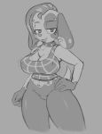  2019 animal_crossing anthro bedroom_eyes big_breasts bottomless breasts canid canine canis cherry_(animal_crossing) chest_tuft clothed clothing conditional_dnp digital_media_(artwork) domestic_dog ear_piercing facial_piercing female fur hair half-closed_eyes hand_on_hip mammal navel nintendo nipple_bulge nipples piercing pussy seductive short_stack simple_background sketch smile solo standing teckworks thick_thighs tuft video_games 