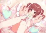  ame_usari blush brown_eyes brown_hair bubble couch cream_puff detached_sleeves dress dutch_angle eating food hair_ribbon heart highres idolmaster idolmaster_cinderella_girls indoors knees_together_feet_apart knees_up looking_at_viewer off-shoulder_dress off_shoulder ogata_chieri on_couch pillow pink_dress ribbon short_hair short_sleeves sitting smile solo sparkle two_side_up wrist_cuffs 