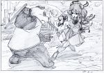  action animal bandaged_arm bandages bangs baton battle black_border border bun_cover chain character_request china_dress chinese_clothes clothed_animal cuffs dated double_bun dress dual_wielding duel flower graphite_(medium) highres holding ibaraki_kasen legs_apart looking_at_another monochrome open_mouth panda pelvic_curtain pink_x ribbon rose scan shoes short_hair stairs standing standing_on_one_leg tonfa touhou traditional_media weapon 