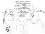  2017 black_and_white clothed clothing english_text equine feral friendship_is_magic fur group hair hat horse male mammal monochrome my_little_pony pony royal_guard_(mlp) silfoe speech_bubble text uniform 