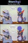  abygale_(buddyfight) anthro armor chimera-song claws comic dialogue disgust dragon duo english_text future_card_buddyfight hair horn male muscular reptile scalie simple_background sitting standing table teeth text url 