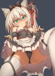  3: animal_ears apron aqua_eyes azur_lane bangs bare_shoulders black_bow black_dress black_panties blush bow breasts cameltoe cat_ears cat_girl cat_hair_ornament closed_mouth cross-laced_clothes dress dress_lift eyebrows_visible_through_hair grey_background hair_between_eyes hair_bow hair_ornament hair_ribbon hammann_(azur_lane) head_tilt long_hair looking_at_viewer nose_blush osabachan panties puffy_short_sleeves puffy_sleeves red_ribbon remodel_(azur_lane) ribbon short_sleeves silver_hair simple_background small_breasts solo strapless strapless_dress tears thighhighs underbust underwear very_long_hair white_apron white_legwear 