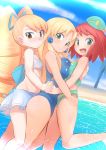  asymmetrical_docking beach big_hair bikini blonde_hair blue_earrings blue_legwear blush breast_press breasts cloud commentary_request crossover day drill_hair earrings frilled_bikini frilled_bikini_bottom frills girl_sandwich green_eyes hair_ornament hand_on_another's_leg hat hibiki_misora holding_hands hug hug_from_behind jewelry kalinka_cossack large_breasts leg_up long_hair multiple_girls ocean one-piece_swimsuit open_mouth popporunga red_hair rockman rockman_xover ryuusei_no_rockman sandwiched shirogane_luna short_hair sky small_breasts smile summer swimsuit water 