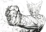  absurdres bandaged_arm bandages blank_eyes blood blood_on_face clenched_hand commentary_request facing_viewer foreshortening garou_(one-punch_man) greyscale highres male_focus monochrome murata_yuusuke muscle official_art one-punch_man perspective pointy_hair shirtless simple_background smoke solo sweat white_background 