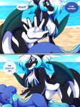  2018 5_fingers anthro big_hands bikini blue_eyes blue_hair cetacean clothing day detailed_background dragon duo english_text female gradient_hair hair hybrid kneeling lying mammal marine on_side orca outside penelope rainbowscreen swimsuit text water whale white_hair 