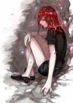  ahoge androgynous cave crying crying_with_eyes_open gem_uniform_(houseki_no_kuni) glowing glowing_hair highres houseki_no_kuni mercury red_eyes red_hair sad shinsha_(houseki_no_kuni) short_hair shuu-0208 sitting solo tears 