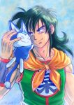  2016 ^_^ animal black_eyes black_hair blue_background closed_eyes dated dragon_ball dragon_ball_(classic) fingernails green_shirt hands_on_another's_head happy hug long_hair looking_at_another male_focus muscle neckerchief puar shirt simple_background sleeveless smile stargeyser tail upper_body whiskers wristband yamcha 