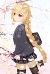  artist_name bag black_legwear black_ribbon blonde_hair blue_eyes braid cherry_blossoms commentary english_commentary fate/apocrypha fate/grand_order fate_(series) highres jacket jeanne_d'arc_(fate) jeanne_d'arc_(fate)_(all) kumei light_smile long_braid long_hair looking_at_viewer looking_back plaid plaid_skirt pleated_skirt purple_eyes ribbon school_bag school_uniform single_braid skirt solo thighhighs very_long_hair 