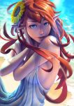  absurdres aqua_eyes bare_shoulders beach breasts dress fairy flower hair_flower hair_ornament hand_on_own_face highres large_breasts lips long_hair looking_at_viewer nene_(taiwan) ocean original pointy_ears red_hair seductive_smile see-through sky smile solo sundress sunflower water wet wet_clothes wet_dress white_dress 