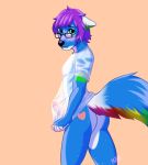  anthro blush bottomless canine clothed clothing erection erection_under_clothes eyewear glasses looking_at_viewer male mammal mars.cacxtus shirt solo standing wet wet_shirt 