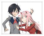  1boy 1girl black_hair blue_eyes couple darling_in_the_franxx eyebrows_visible_through_hair green_eyes hair_ornament hairband hand_on_another&#039;s_chest heart hiro_(darling_in_the_franxx) horns lips long_hair military military_uniform nakoya_(nane_cat) necktie oni_horns orange_neckwear pink_hair red_horns red_neckwear short_hair sweatdrop uniform white_hairband zero_two_(darling_in_the_franxx) 