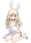  animal_ears arm_behind_back blonde_hair blue_eyes bunny_ears casual_one-piece_swimsuit commentary_request covered_navel curly_hair elin_(tera) emily_(pure_dream) high_heels highres long_hair one-piece_swimsuit shoes sitting solo swimsuit tera_online white_swimsuit 