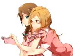  baba_konomi bangs bent_over blonde_hair braid brown_hair cellphone collared_shirt commentary_request dress expressionless green_eyes hair_between_eyes hair_ornament hair_over_shoulder hamada_(super_tachioyogi_kyousou) head_rest holding holding_phone hug hug_from_behind idolmaster idolmaster_million_live! long_hair looking_at_another looking_at_phone momose_rio multiple_girls open_collar own_hands_together phone pink_dress red_eyes red_shirt shiny shiny_hair shirt side_braid simple_background sketch sleeve_cuffs smartphone standing swept_bangs upper_body waist_hug white_background yuri 