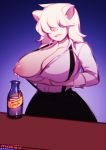  anthro big_breasts biting_lip bottle breasts cleavage clothed clothing digital_media_(artwork) female fur gradient_background hair hair_over_eye lactating looking_at_viewer mammal nipples one_breast_out porcine simple_background smile solo tsudamaku white_fur white_hair wide_hips 