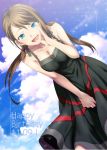  1girl :d bent_over black_dress blue_eyes blue_sky breasts brown_hair cleavage cloud dated dress eyebrows_visible_through_hair floating_hair from_below hair_between_eyes happy_birthday ikuhashi_muiko long_dress long_hair looking_at_viewer medium_breasts open_mouth robotics;notes senomiya_akiho sky sleeveless sleeveless_dress smile solo sundress twintails 