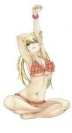  :&lt; arm_grab armpits arms_up bare_shoulders barefoot bikini black_eyes blonde_hair breasts cleavage fairy_tail frilled_bikini frills full_body indian_style large_breasts long_hair looking_at_viewer lucy_heartfilia mashima_hiro navel official_art one_eye_closed pink_scrunchie red_bikini scrunchie simple_background sitting smile solo stretch swimsuit twintails white_background wrist_scrunchie 