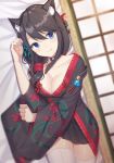  animal_ears arm_up azur_lane bad_id bad_pixiv_id bangs black_kimono black_skirt blue_eyes blurry blurry_background blush breasts brown_hair butterfly_hair_ornament cat_ears cleavage closed_mouth collar commentary depth_of_field dutch_angle eyebrows_visible_through_hair fingernails floral_print fusou_(azur_lane) hair_between_eyes hair_ornament highres indoors izumo_neru japanese_clothes kimono long_hair lying medium_breasts on_side pleated_skirt print_kimono short_kimono skirt smile solo thighhighs white_legwear 