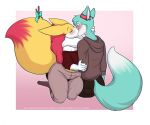  2018 anthro arm_grab big_tail blue_fur blush braixen canine clothing dipstick_tail duo eyebrows eyes_closed fan_character female fox fur head_grab hoodie inner_ear_fluff kissing lavenderpandy looking_at_another male mammal mane multicolored_tail nintendo pants pok&eacute;mon pok&eacute;mon_(species) ribbons roflfox romantic_couple seraphine_(roflfox) sitting stick theblackrook video_games white_fur yellow_fur 
