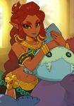  armlet blue_lipstick breasts dark_skin gerudo green_eyes hair_ornament hair_rings jewelry lipstick long_hair makeup navel neck_ring orz_(orz57) pointy_ears red_hair riju side_slit solo stuffed_toy the_legend_of_zelda the_legend_of_zelda:_breath_of_the_wild thick_eyebrows very_long_hair wide_hips 