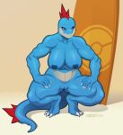  3_toes 5_fingers abs areola athletic barefoot biceps big_breasts blue_nipples blue_scales blue_skin breasts claws crocodilian crouching croxot_(artist) fangs female feraligatr hairless hands_on_legs inverted_nipples logo multicolored_scales muscular muscular_female nintendo nipples nude nudist pok&eacute;ball pok&eacute;mon pok&eacute;mon_(species) purple_eyes pussy reptile sand scales scalie sharp_nails sharp_teeth simple_background solo spines spread_legs spreading surfboard symbol teeth thick_tail thick_thighs toes video_games watermark white_claws 