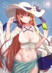  absurdres alternate_costume ass_visible_through_thighs bangs beach bikini bird blue_sky blush breasts brown_hair character_name chinese_commentary cleavage closed_mouth cloud commentary_request cooler cowboy_shot day eyewear_removed food front-tie_top girls_frontline green_eyes groin hair_between_eyes hat head_tilt highres holding holding_eyewear holding_food large_breasts light_particles lighthouse long_hair looking_at_viewer m1903_springfield_(girls_frontline) md5_mismatch midriff navel no_panties ocean outdoors popsicle ribbon sand sarong see-through shirt sidelocks skindentation sky smile solo stomach summer sun_hat swimsuit thighs tied_shirt very_long_hair weapon_bag white_shirt wind wind_lift yan_mian 