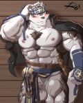  armor balls blush brown_fur bulge canine clothing erection exposed_chest fur gauntlets gloves headband horkeukamui loincloth male mammal muscular muscular_male nipples penis poking_out reclamon solo white_balls white_fur white_penis yellow_eyes 