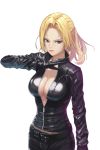  arm_up belt black_bodysuit black_gloves black_pants blonde_hair blue_eyes bodysuit breasts center_opening cleavage closed_mouth commentary gloves large_breasts leather lud nina_williams pants sidelocks skin_tight standing tekken unzipped 