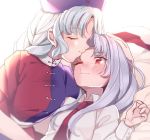  blue_hat blush closed_eyes commentary_request forehead_kiss hand_on_another's_head hat kiss long_hair long_sleeves lying multiple_girls necktie on_back purple_hair red_cross red_neckwear reisen_udongein_inaba satomachi short_sleeves smile touhou white_hair yagokoro_eirin yuri 