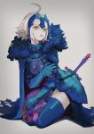  1girl absurdres ahoge alternate_color armor armored_dress blue_cape blue_dress blue_legwear cape caster_(fate/zero) daydremec dress fate/grand_order fate_(series) faulds fur-trimmed_cape fur_trim gauntlets grey_background headpiece highres jeanne_d&#039;arc_(alter)_(fate) jeanne_d&#039;arc_(fate)_(all) kneeling looking_at_viewer open_mouth short_hair silver_hair simple_background solo sword thighhighs weapon yellow_eyes zettai_ryouiki 
